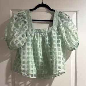 She + Sky Mint Checkered Puff Sleeve Blouse